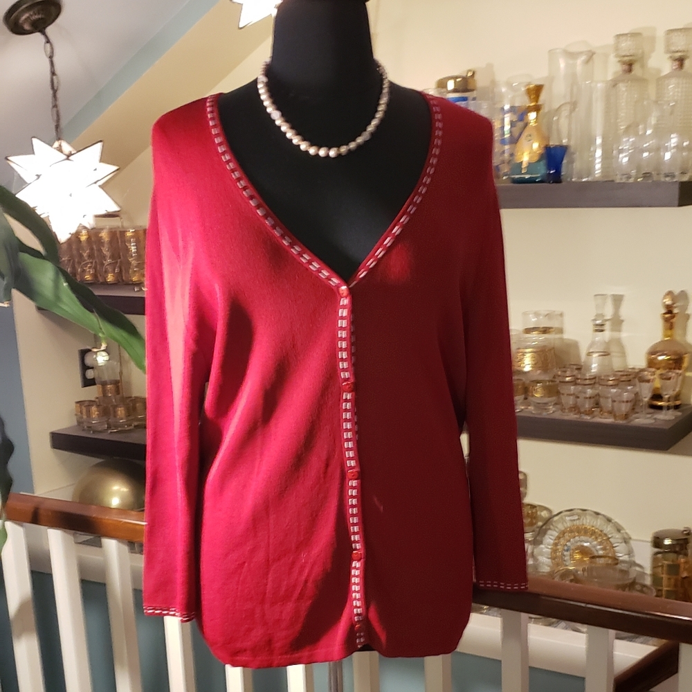 Finity Womens Red With White Trim Flat Knit Cartigan